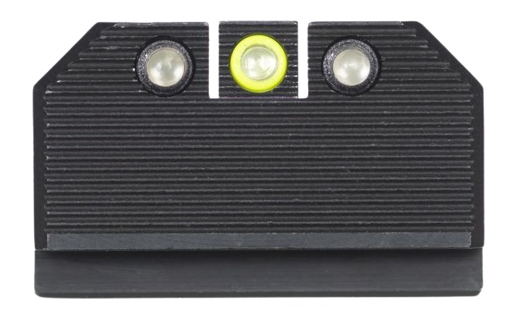 Black handgun rear sight with three-dot alignment
