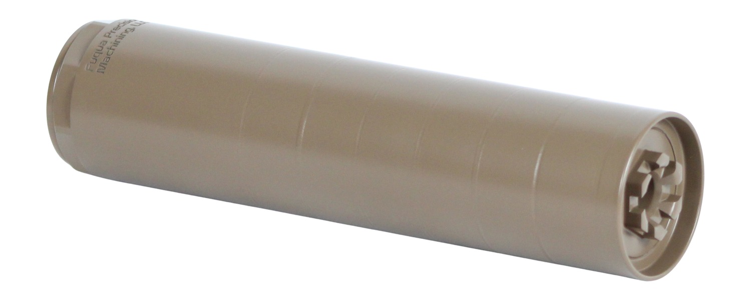 Tan cylindrical firearm suppressor on white background