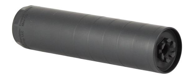 Black cylindrical firearm suppressor on white background