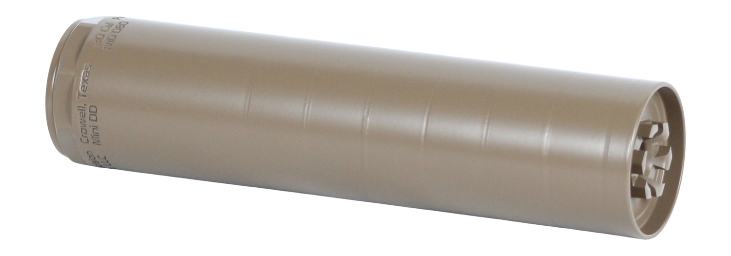 Tan cylindrical firearm suppressor on white background