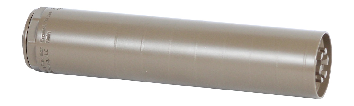 Tan cylindrical firearm suppressor on white background