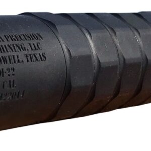 Black firearm suppressor with engraved markings