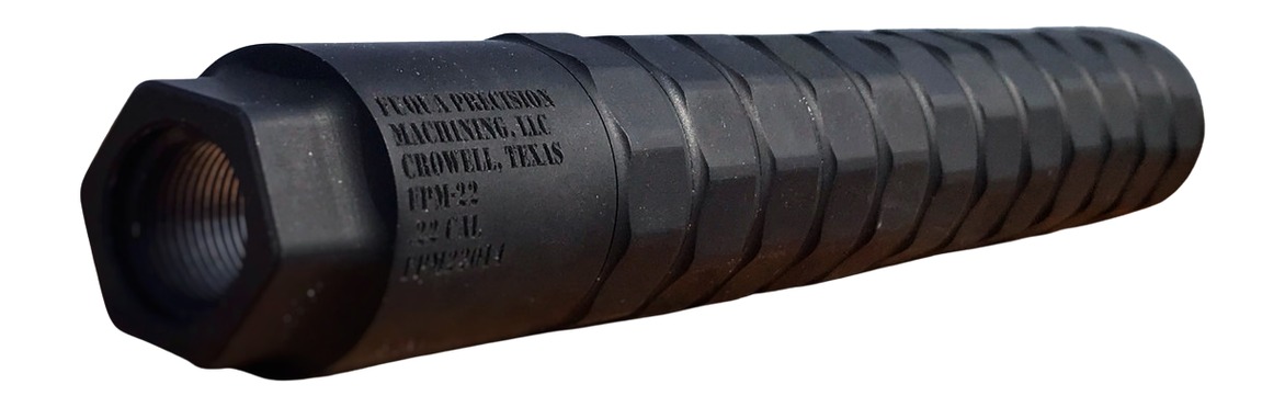 Black firearm suppressor with engraved markings
