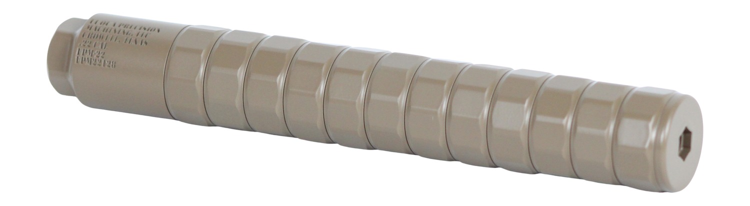 Tan cylindrical firearm suppressor with hexagonal segments