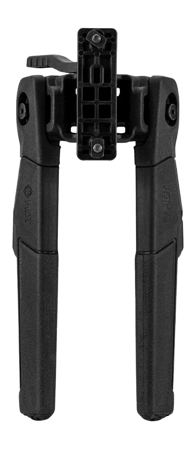 Black adjustable rifle bipod with mounting bracket