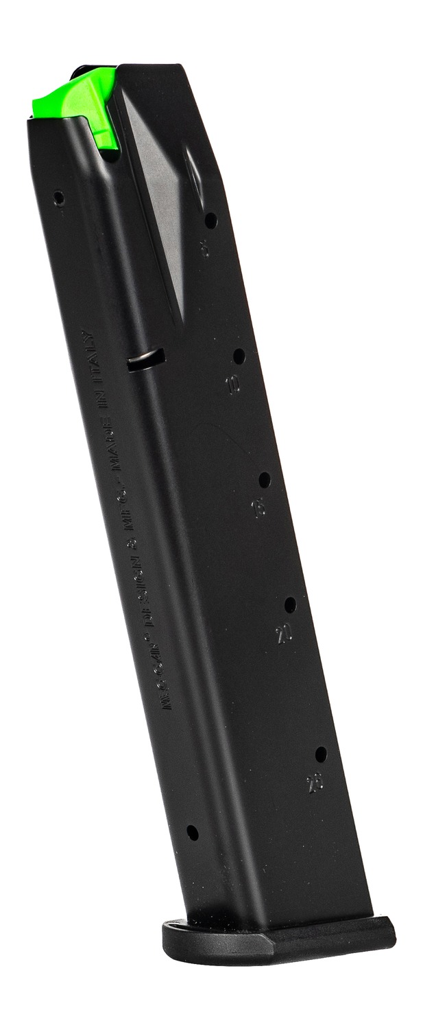 Black handgun magazine with green follower