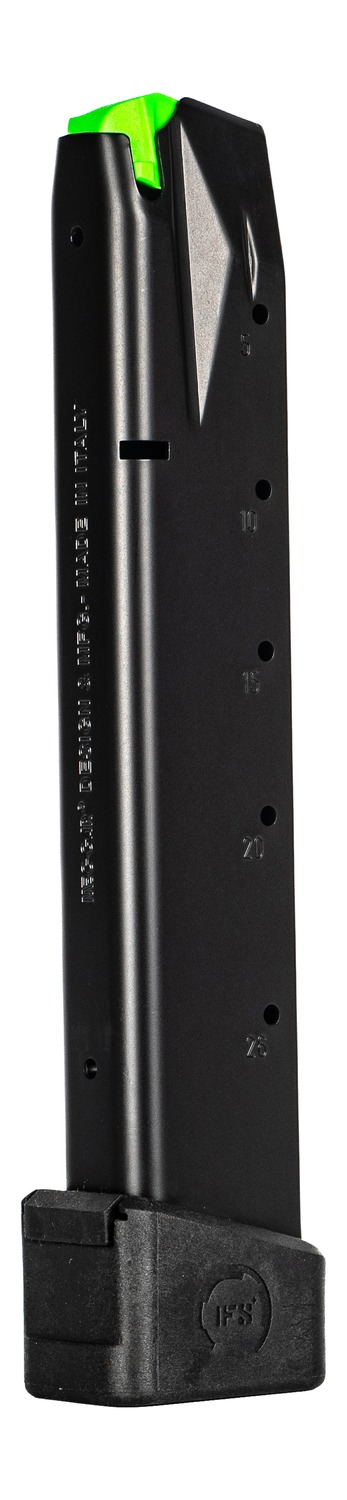Black pistol magazine with green follower