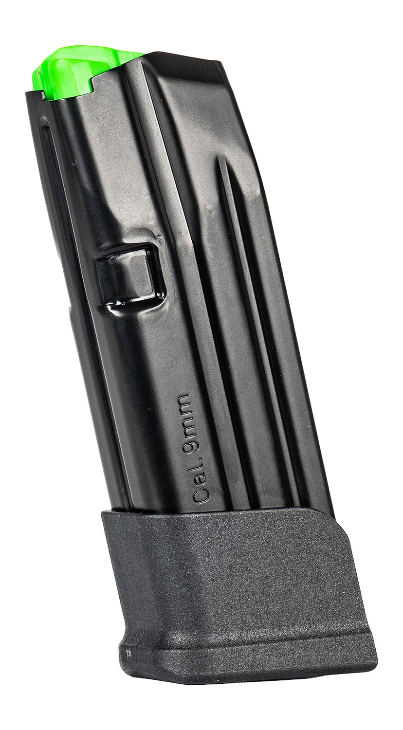 Black 9mm pistol magazine with green follower