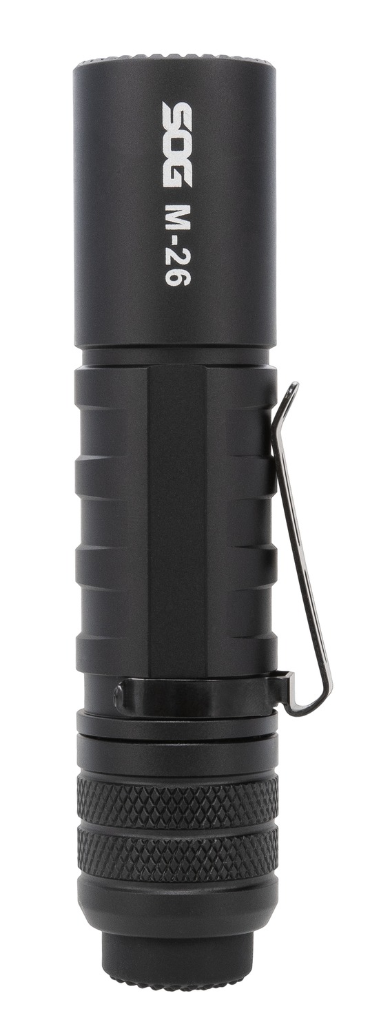 Black SOG M-26 tactical flashlight with clip