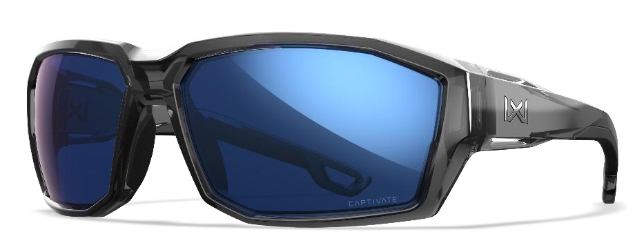 Black sport sunglasses with blue mirrored lenses
