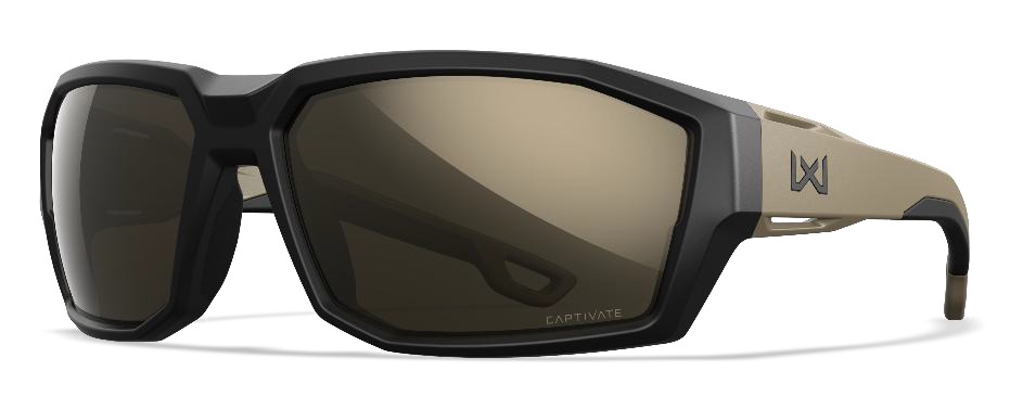 Black and tan wraparound sunglasses with brown lenses