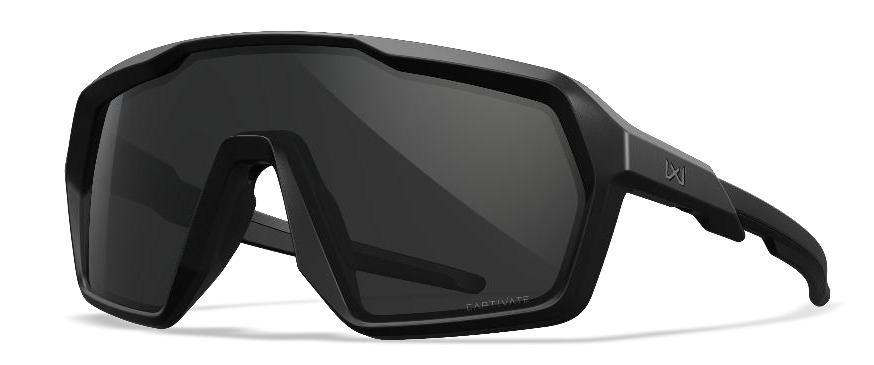Black wraparound sports sunglasses with large shield lens