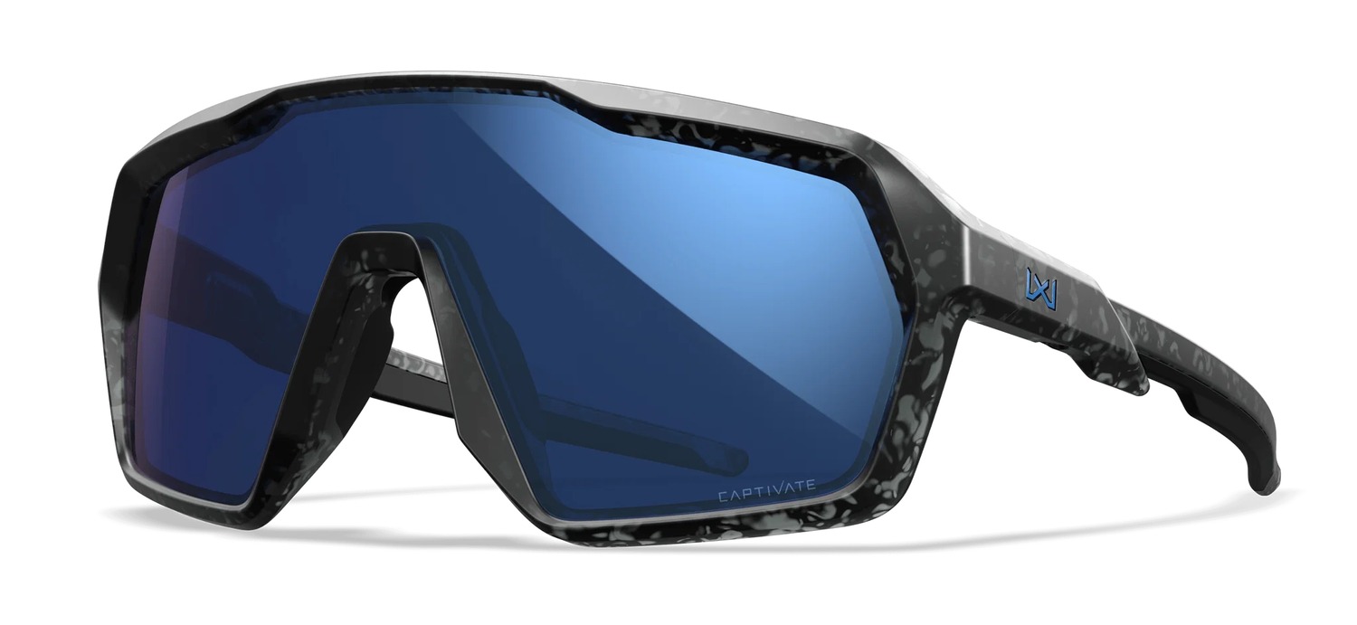 Sporty wraparound sunglasses with blue mirrored lens