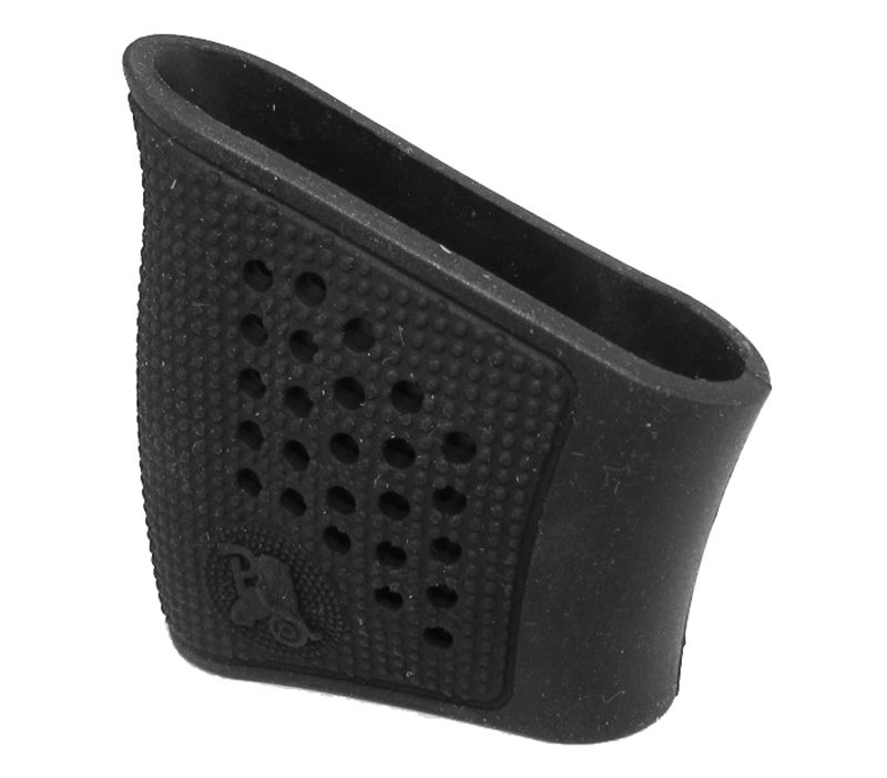 Black rubber handgun grip sleeve with textured surface