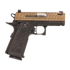 Tan and black semi-automatic handgun on white background