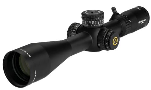 Black tactical rifle scope with adjustment turrets