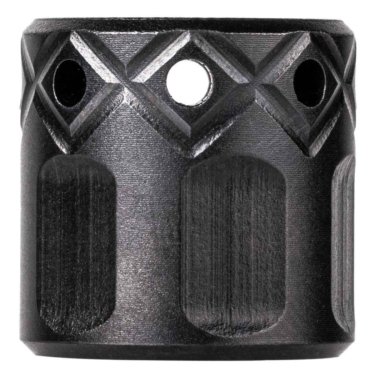 Black metal cylindrical muzzle brake with side ports