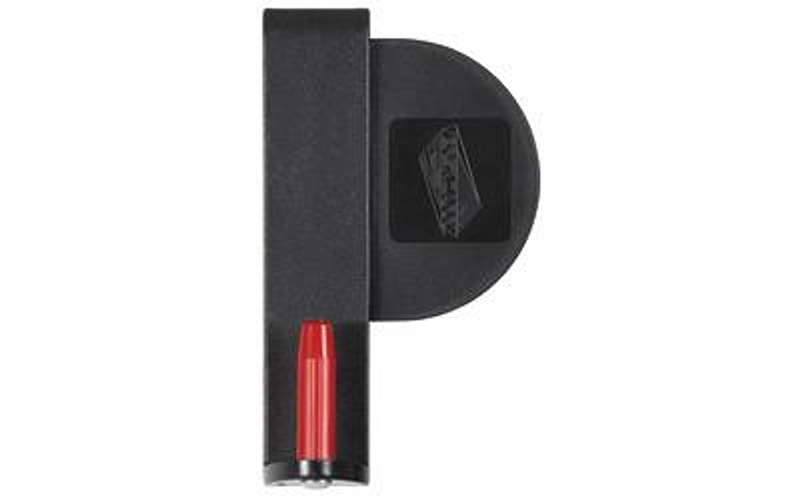 Black wall-mounted organizer with red pens and razor