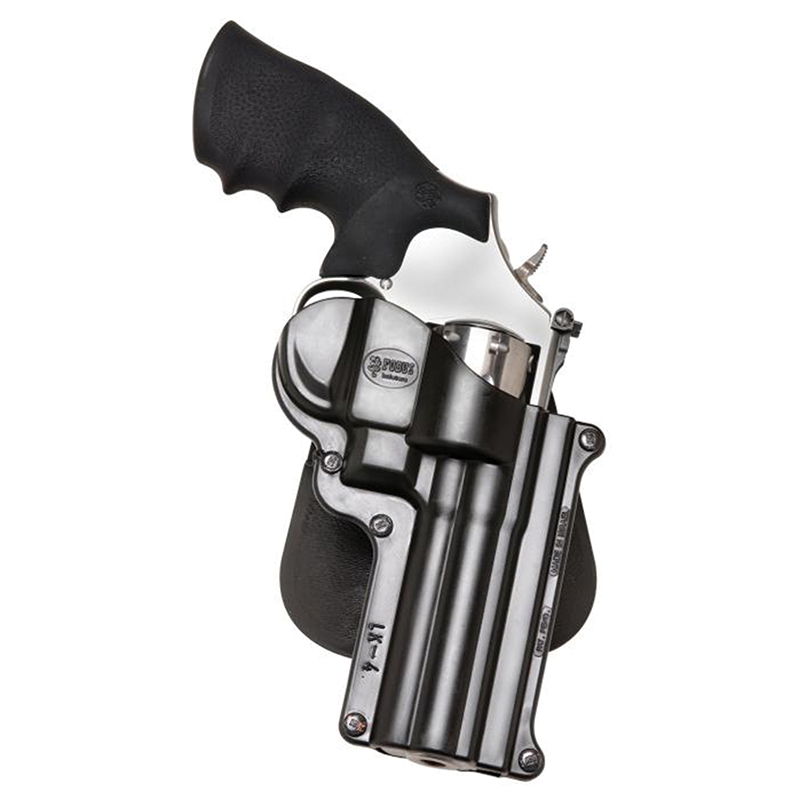 Black revolver handgun with grip and holster