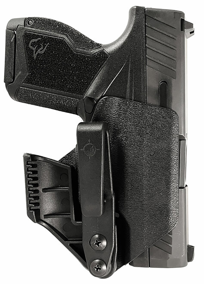 Black handgun in concealed carry holster
