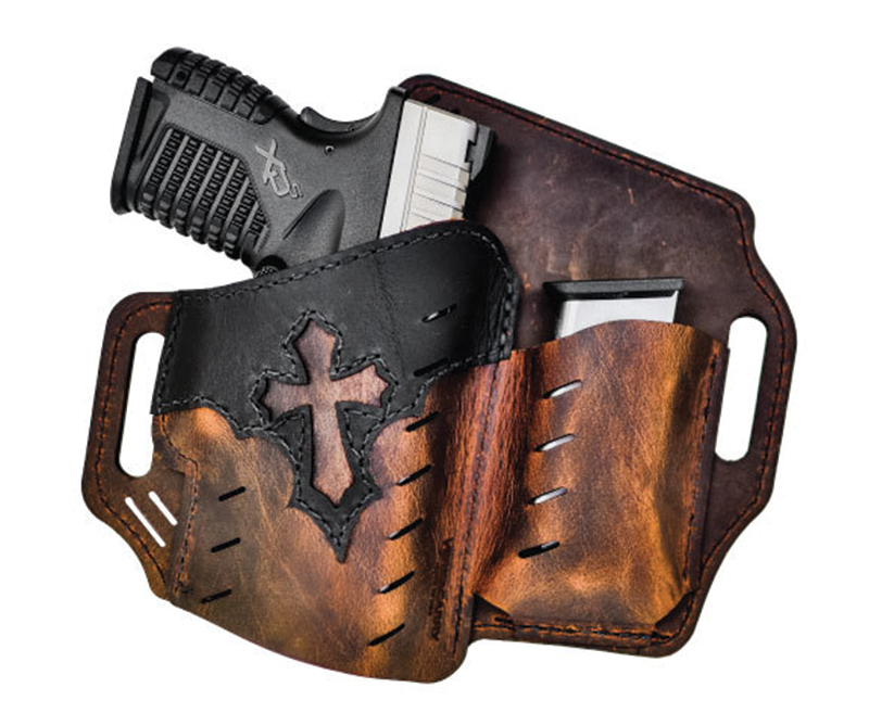Leather holster with handgun and spare magazine