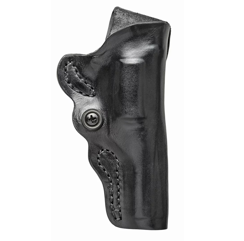 Black leather handgun holster with stitched detailing