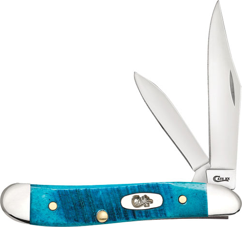 Blue-handled pocket knife with two open blades