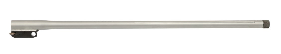 Long stainless steel rifle barrel on white