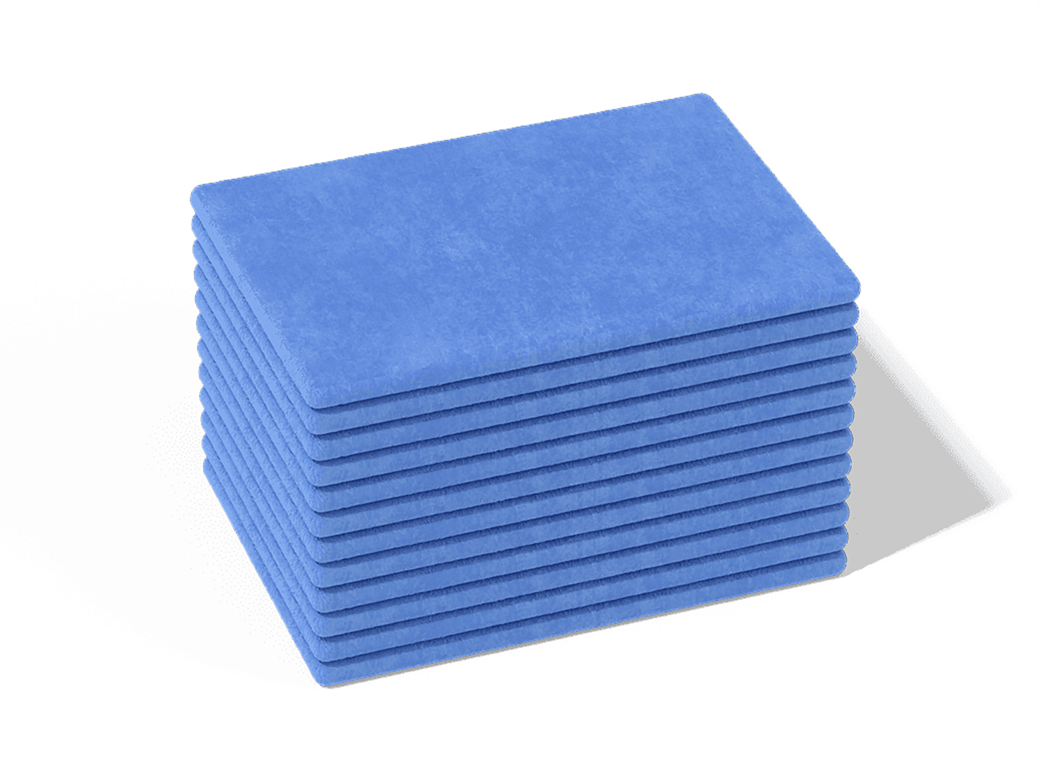 Stack of folded blue microfiber cleaning cloths