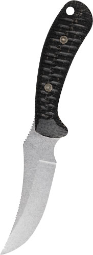 Curved fixed-blade knife with black textured handle