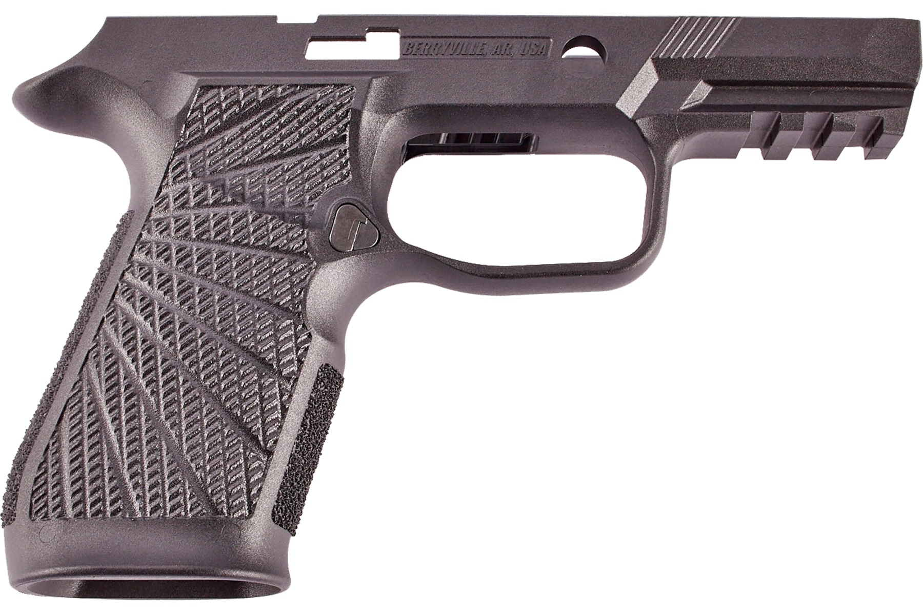 Black handgun frame with textured grip and rail