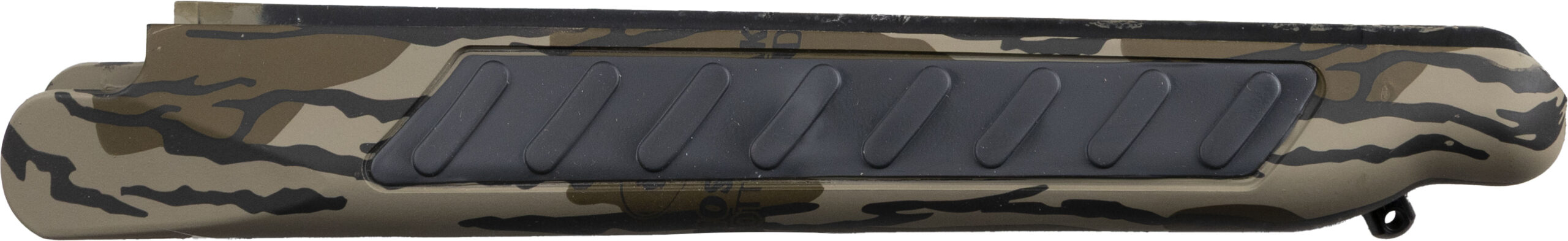 Camouflage rifle stock with black rubber grip panel