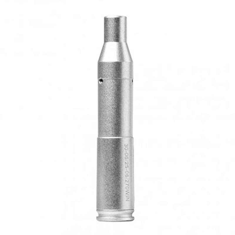 Metal laser bore sight cartridge on white background