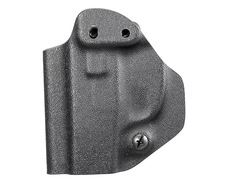 Black Kydex handgun holster on white background