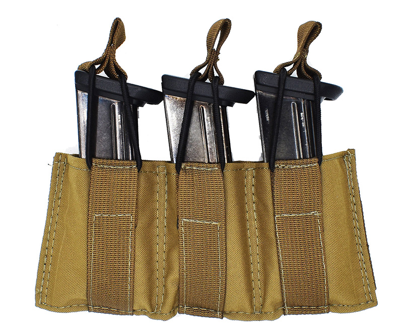 Three rifle magazines in tan tactical pouch