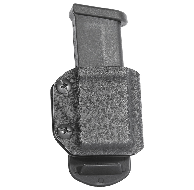 Black pistol magazine in polymer holster