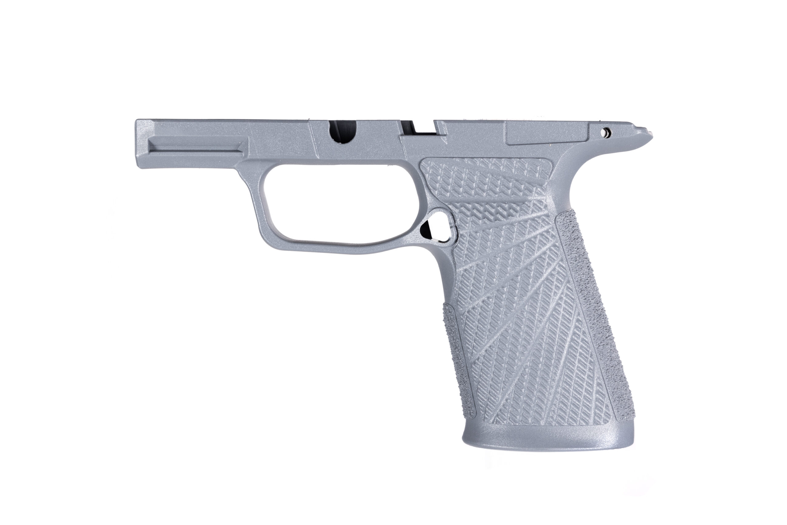 Gray polymer handgun frame without slide