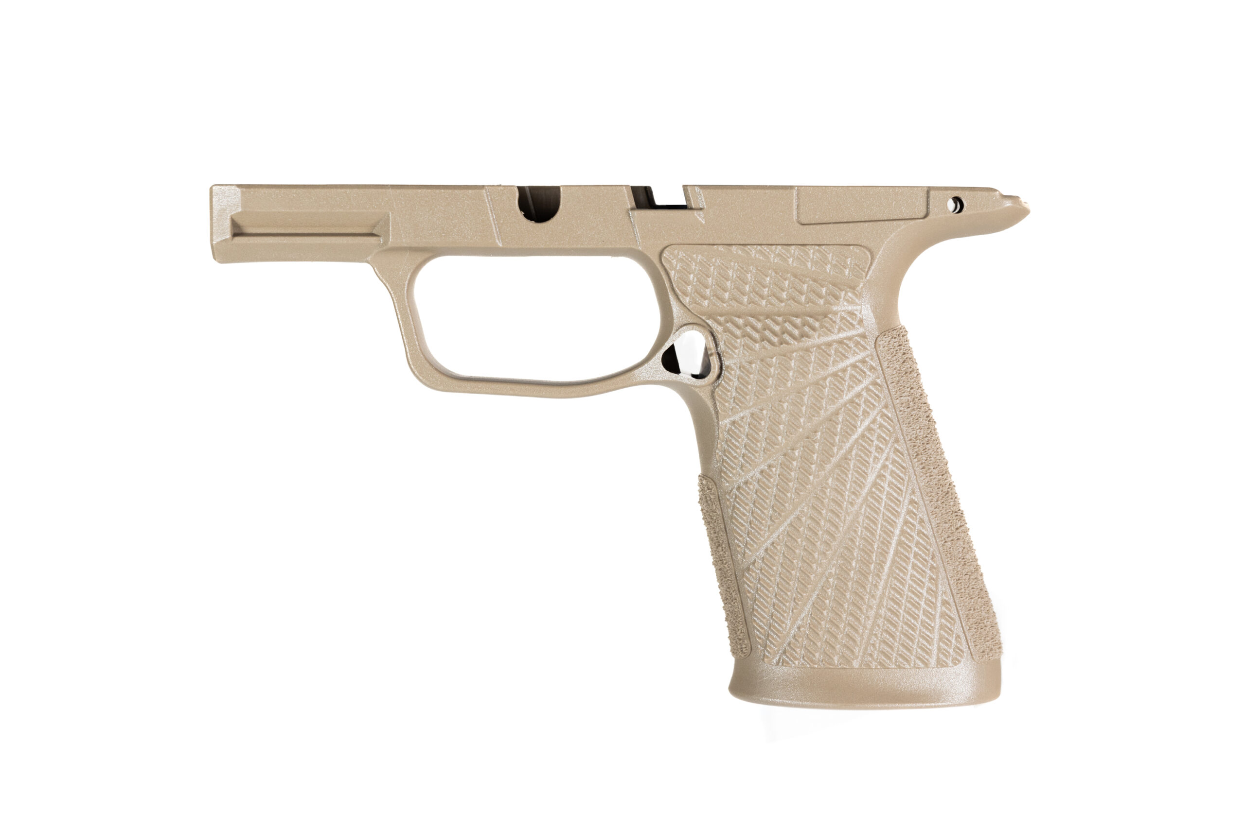 Tan handgun frame with textured grip panel