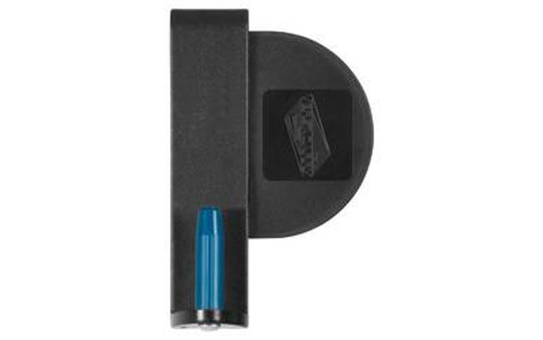Black wall-mounted door stopper with blue accent