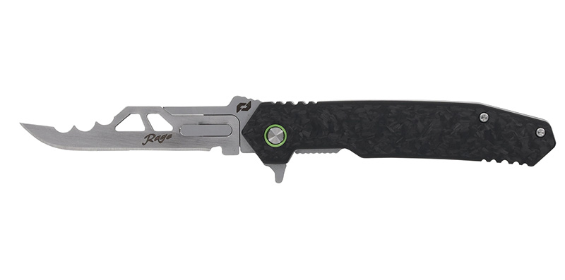 Partially serrated folding pocket knife on white background
