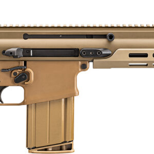 Tan modern tactical rifle on white background
