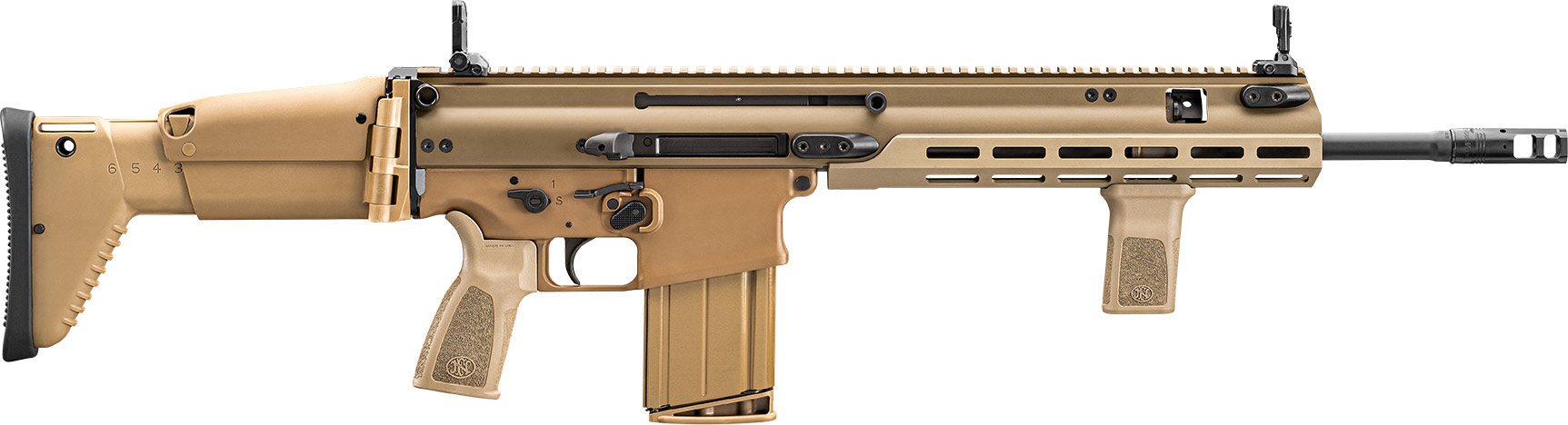 Tan modern tactical rifle on white background