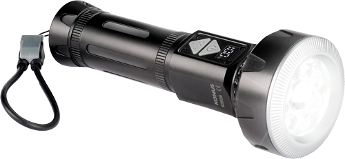 Black handheld LED flashlight with wrist strap