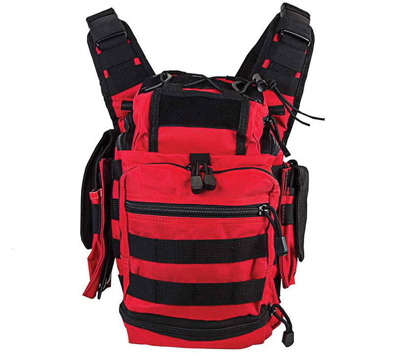Red tactical backpack with multiple pockets and straps