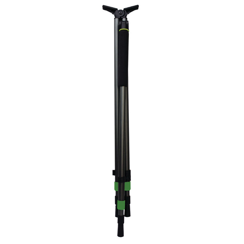 Folded black tripod with green accents