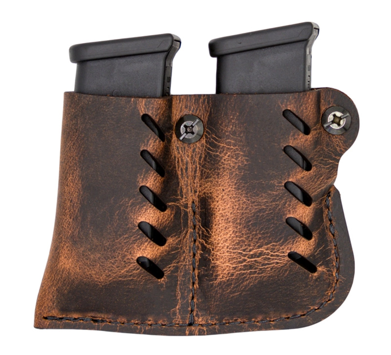 Brown leather double pistol magazine holster
