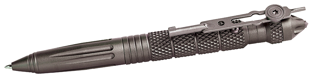 Gray tactical pen with textured grip and clip