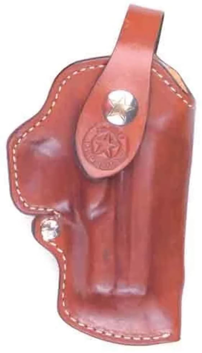 Brown leather handgun holster with snap strap