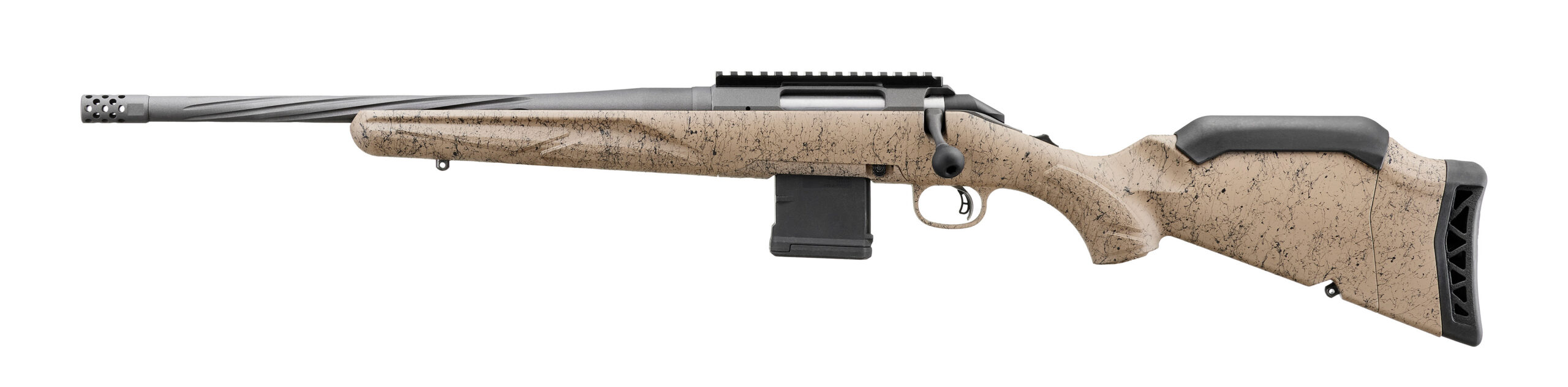 Bolt-action rifle with tan camo stock