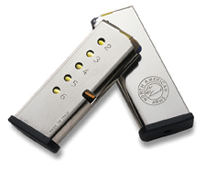 Two silver handgun magazines with round indicators
